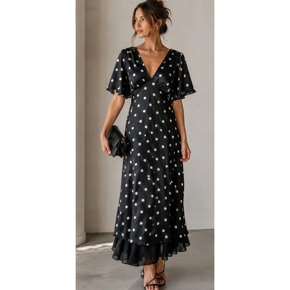 En Saison Floretta Polka Dot Dress Size S Black Flutter Sleeve Midi Retro Pinup